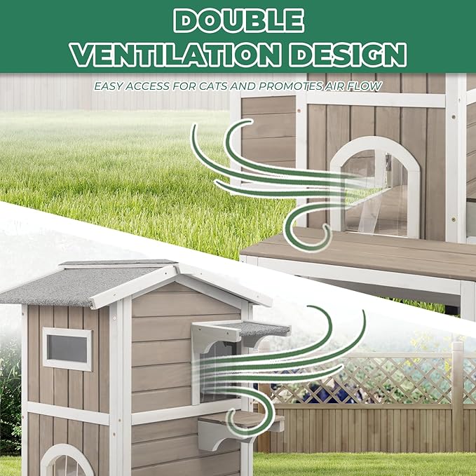 Outdoor Cat House Weatherproof, Wood Two Story Cat House with Openable Roof, 4 Doors, Balcony, Outside Indoor Pet House Feral Cats Shelter with Jumping Platforms for Small Animals, Grey