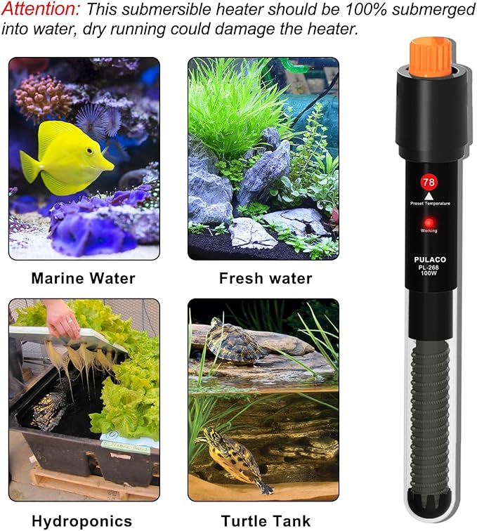 PULACO 100Watt Aquarium Heater for 15-25 Gallon Fish Tank, Adjustable Submersible Heater Thermostat with Thermometer Strip and Suction Cup