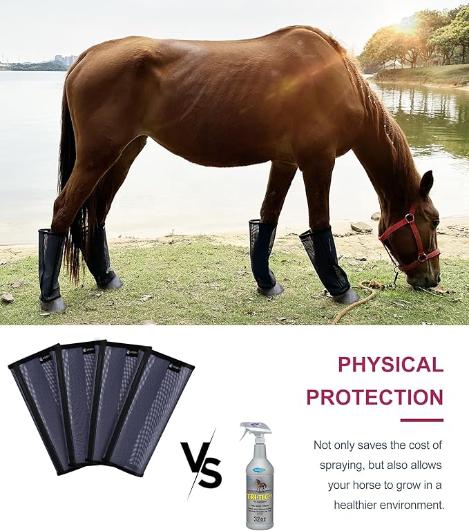 Horse Fly Boots Set of 4 - Upgrade Mesh Horse Leggins with Leather Frame, Leg Fly Protection (Medium, Pink)