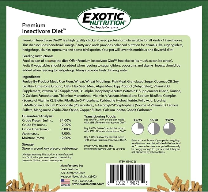Premium Insectivore Diet (8 lb.) - Healthy Nutritious Chicken Based High Protein Pellet Diet - for Sugar Gliders, Hedgehogs, Opossums, Skunks & Other Insectivores