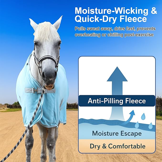 Horse Fleece Cooler, Blanket Liner - 300g Anti-Pilling Fleece, Moisture-Wicking, Cooling & Drying for Post-Workout, Bath & Travel, Prevent Overheating & Chilling Lightblue 75
