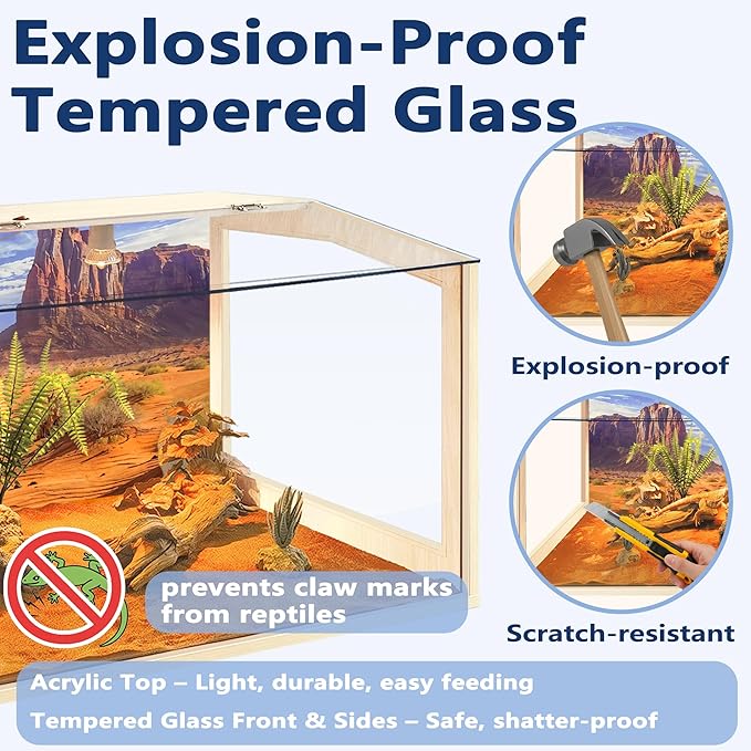 PROLEE Bearded Dragon Tank,Lizard Tank with Clear Tempered Glass Roof,Anti-Scratch Reptile Enclosure, Snake Tank and Reptile Tank,Built-in Light Fixtures with Switch (65 Gallons)