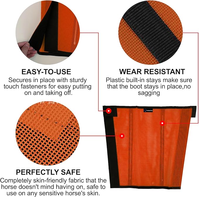 FOXLVDA Horse Fly Boots - Fly Boots for Horses Set of 4, Comfortable Horse Leggings, Mesh Material Design with Metal Support Bars for Reduces Stomping & Leg Fatigue (Orange, Medium)