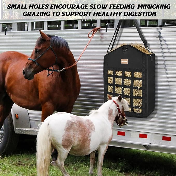 Innovative Hay Bags for Horses, Goat Hay Feeder with Reinforced Oxford Fabric and High Strength Metal Clasp,Horse Feeding Supplies with Adjustable Strap for Easy Hanging (Black-1pack)