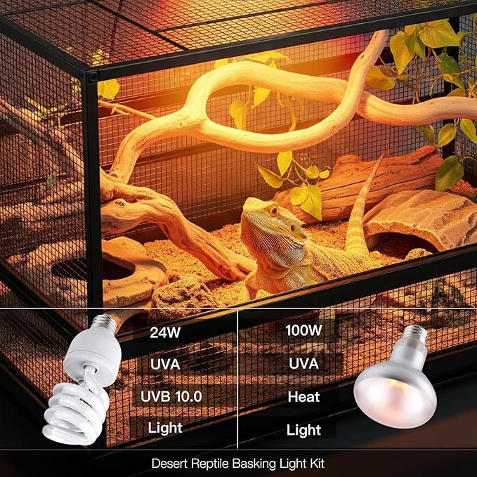 Reptile 100W Basking Spot Bulb & 10.0 24W UVA UVB Bulb Combo – Dual Pack Heat Lamp Bulbs for Reptiles & Amphibians, Heat Lamp for Bearded Dragons, Turtles, Tortoises, Snake Tank Accessories