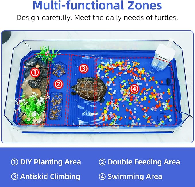 Turtle cage Tortoise Terrarium with Pump＆Filter with Shower Function Easy to Change Water and Clean Water for Turtle Horned Frog Hermit Crab Blue, XL