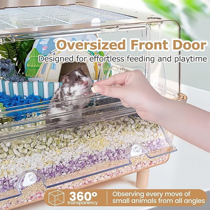 Large Hamster Cage,Crystal Clear Acrylic Hamster Cage with Stand,24.4''L*18.1''W*15.8''H Pet Mouse Cage for Pet Mice,Crystal Mouse Habitat,Hamster Enclosure with Modular Platform,Hamster Starter Kit