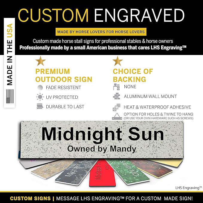 Personalized Horse Stall Name Plates, 2x6 Horse Stall Signs with Adhesive, All Weather UV Protected, Stone Granite Pattern Plastic Black Letters - Made in USA - S3