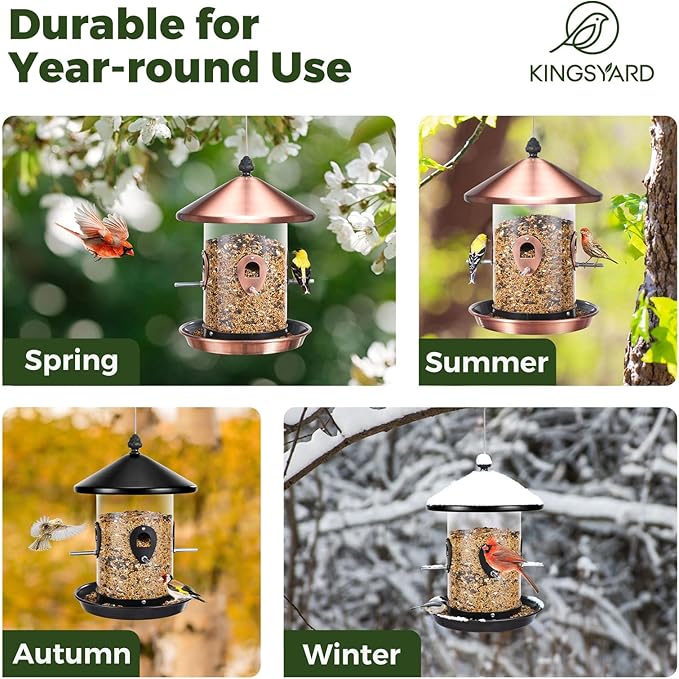Kingsyard 4.5 lbs Large Metal Bird Feeders for Outdoors Hanging with 8 Ports, Tube Bird Feeder with Seed Tray, Weatherproof Squirrel Proof Roof for Cardinal Finch, Black