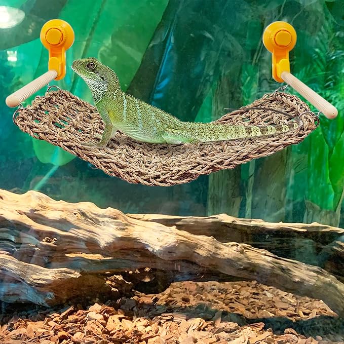 VCEPJH Bearded Dragon Window Perch Reptile Window Hammock Natural Seagrass Lizard Lounger Bed with Powerful Suction Cups Climbing Toys Tank Accessories for Gecko Chameleon Basking (15.75 * 7.87)