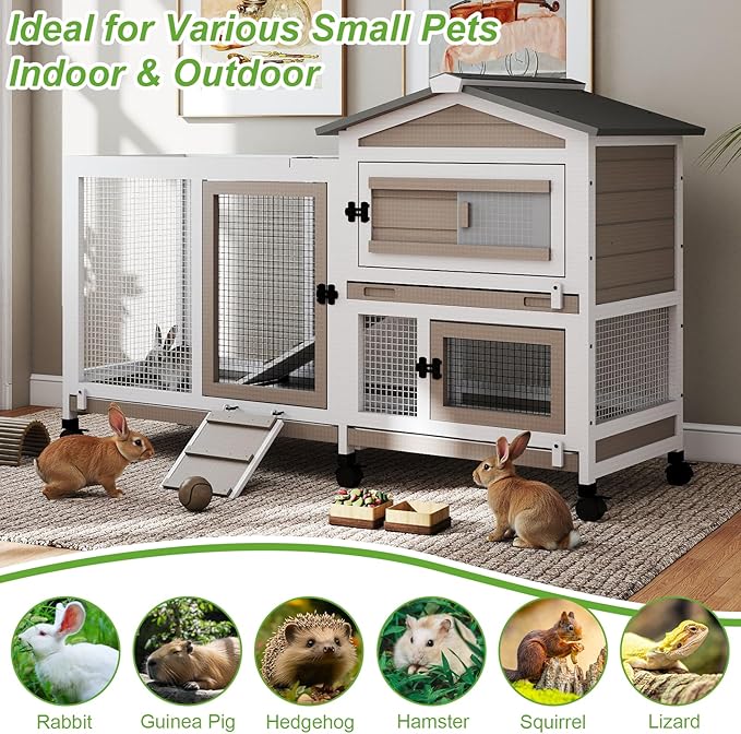 Rabbit Hutch Outdoor Indoor, 2 Story Wooden Bunny Cage with 6 Lockable Wheels, 3 Removable Deep No Leakage Pull Out Trays for Rabbit & Guinea Pig, Chew-Proof Ramp & Waterproof Roof, Grey