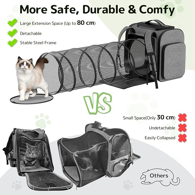 Pawtners Cat Carrier Backpacks with Play Tunnel, Expandable Cat Backpack with Breathable Mesh, Pet Carrier Backpack for Small Cats Dogs Up to 18 Lbs, Dog Backpack for Travel Hiking Camping Outdoor