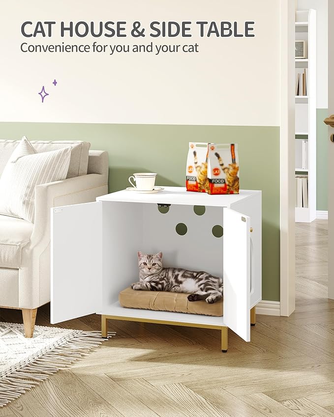 Cat Litter Box Enclosure, Hidden Litter Box Furniture Cabinet, Wooden Indoor Cat House, Side End Table, Living Room, Bedroom, White and Gold CB81203G