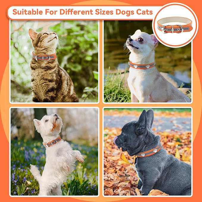 PETCARE Reflective Dog Collar with Cute Paw Rivet Studded Funny Soft PU Leather Adjustable Puppy Dog Collars for Small Medium Large Dogs Cats (Orange,Medium)