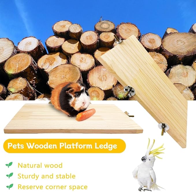 2PCS Chinchilla Wooden Platform Ledge 13 × 8 ’’ Large Bird Perch Stand Shelf Platform for Ferret Bunny Guinea Pig Conure Hamster Parrot Macaw Cockatiel