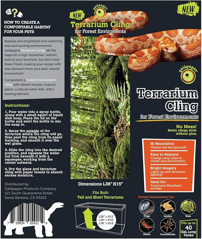 Galápagos (05421) Terrarium Cling | Hi-Resolution Aquarium & Reptile Tank Backdrop | Static Vinyl Clings for Bearded Dragon, Gecko, Turtle, Snake, and Lizard Enclosures, 15" x 36", Forest