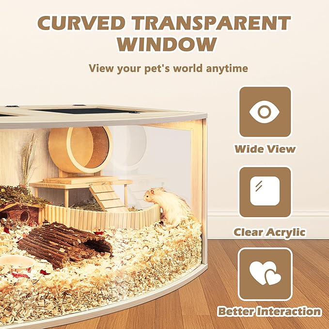 Prolee Hamster Cage Chew Proof Wood, Hamsters Enclosure Openable Top with Curved Design,Waterproof Small Animals Cage with Acrylic Sheets for Gerbils,Hamster Habitat(24 Inches)