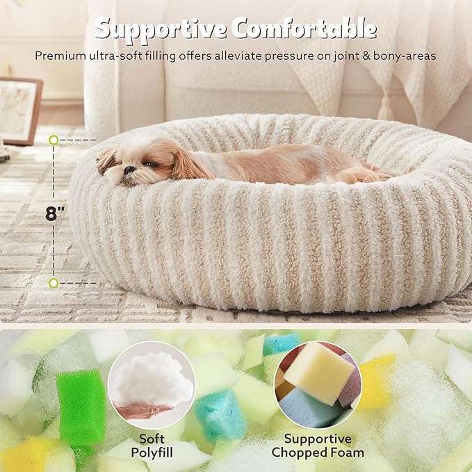 MIXJOY Dog Bed Medium Size Dogs, Washable Medium Dogs Bed with Removable Cover, Cozy Donut Dog Ded Fluffy Plush Faux Fur Pet Bed with Anti-Slip Bottom, 30"x30"x8", White