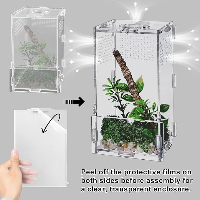 VERTUPET 4"x4"x8" Acrylic Jumping Spider Enclosure, Clear Arboreal Reptile Habitat Tank with Secure Locking Latch for Frogs, Crickets, and Snails