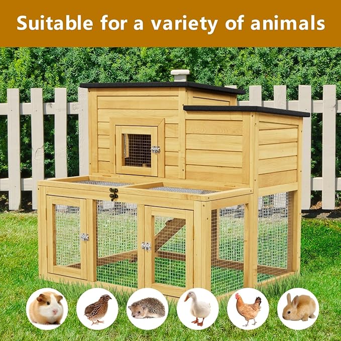 Outdoor Chicken coops for 2-4 Chickens Wooden with Waterproof Asphalt Roof, Ramp, and Multiple Doors Openable Top Pull-Out Tray Suitable for Outdoor Backyard (Yellow-Brown)