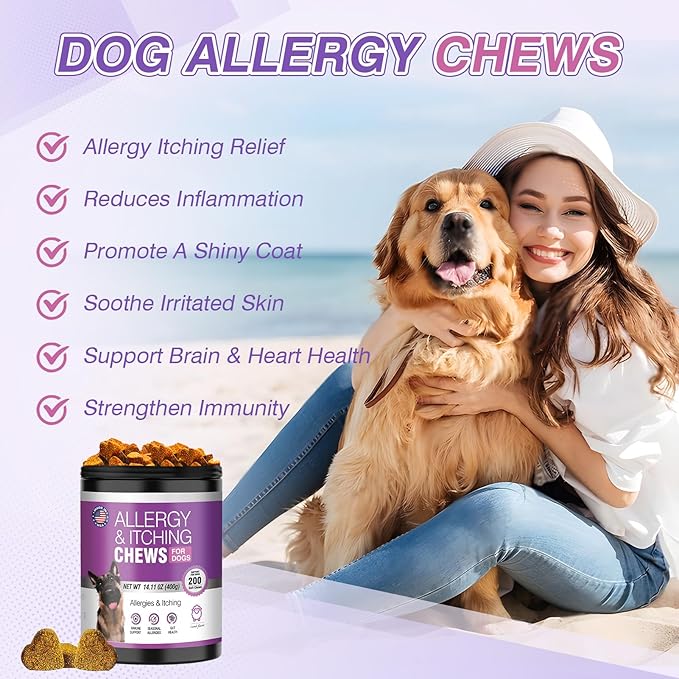 Dog Allergy Chews 200ct - Dog Allergy and Itching Skin Relief Anti Itch Aller Immune Bites for Dogs Licking Paws Treatment Relief Itchy Chew Probiotics Vitamins for Skin and Coat Allergies - Lamb