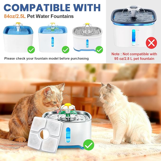 Cat Water Fountain Filter Replacement, 8 Pack Cat Fountain Filters Compatible with Square 84oz/2.5L Automatic Pet Fountain Dog Water Dispenser, 3 Filtration System Replacement Pet Filters