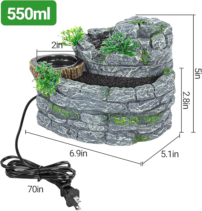 REPTI ZOO Reptile Water Fountain with Food Dish, 550ML Terrarium Waterfall Drinking Fountain for Bearded Dragon Gecko Chameleon Lizard Tree Frog Turtle, Reptile Water Dispenser, Keep Water Clear