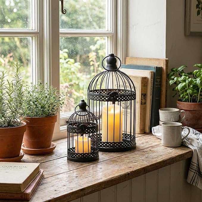 Vela Lanterns Bird Cage Decor Candle Holder Lantern Decorative Table Centerpiece Halloween Decorations, Black, Set of 4