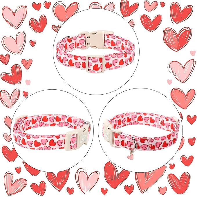 Valentines Dog Collar for Medium Dogs - Pink Valentine Hearts Dog Collars, Girly Love Female Dogs Collars, Lightweight Adjustable Cute Puppy Collar with Quick-Release Buckle M