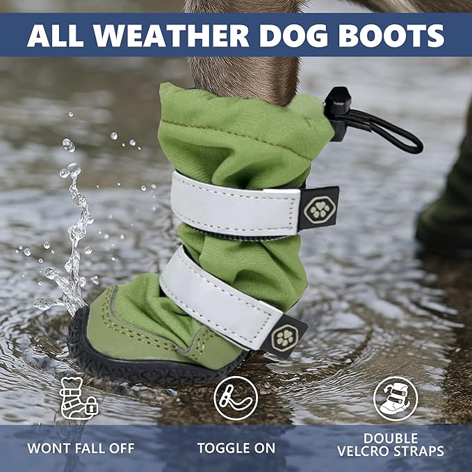 Spark Paws Dog Shoes, Waterproof Dog Boots for Medium to Large Dogs, Non Slip, Breathable Dog Booties and Paw Protectors - 4PCS Doggie Hiking Boots with Reflective Straps - Green, Size 3