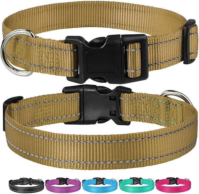 Reflective Dog Collar with Buckle Adjustable Safety Nylon Collars for Small Medium Large Dogs, Brown L