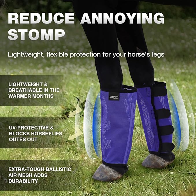 Harrison Howard Loose Fitting Fly Boots UV-Protective Extra Tough Mesh Ventilated Four Fasteners Stay-on Design Protect Horse Legs & Stomp-Reducing Set of 4 Deep Navy Mini