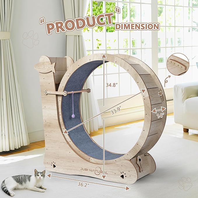 Cat Exercise Wheel, 35.9" Cat Running Wheels for Indoor Cats with with Locking Mechanism, Cats Treadmill Wheels with Scratching Board and Teaser Toy, Cat's Weight Loss and Health
