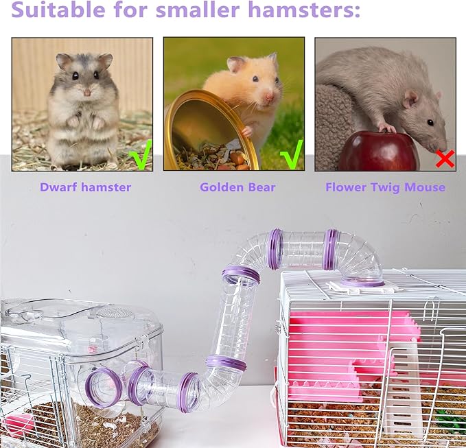 8PCS Hamster Tunnel Tube DIY Assorted Toy Transparent Adventure Pipe Playground Excercise Set for Mouse Syrian Hamster Gerbil (Purple)