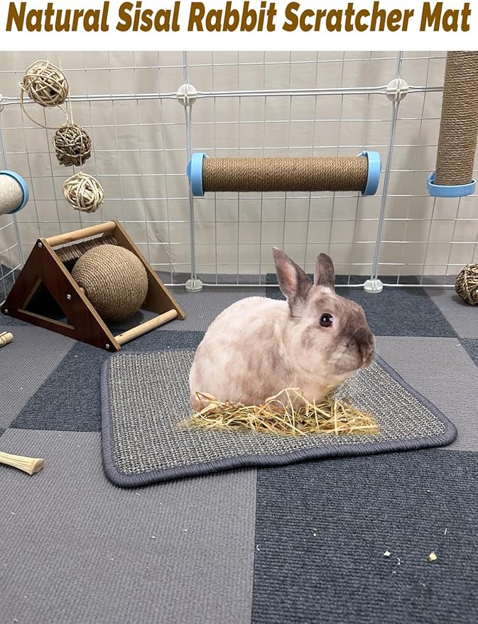 Rabbit Scratching Pad 2 Pack Natural Sisal Bunny Scratcher Mat Bunny Scratch Foot Pad Small Animal Grinding Claw Pad Rug for Guinea Pigs Chinchillas (Gray)