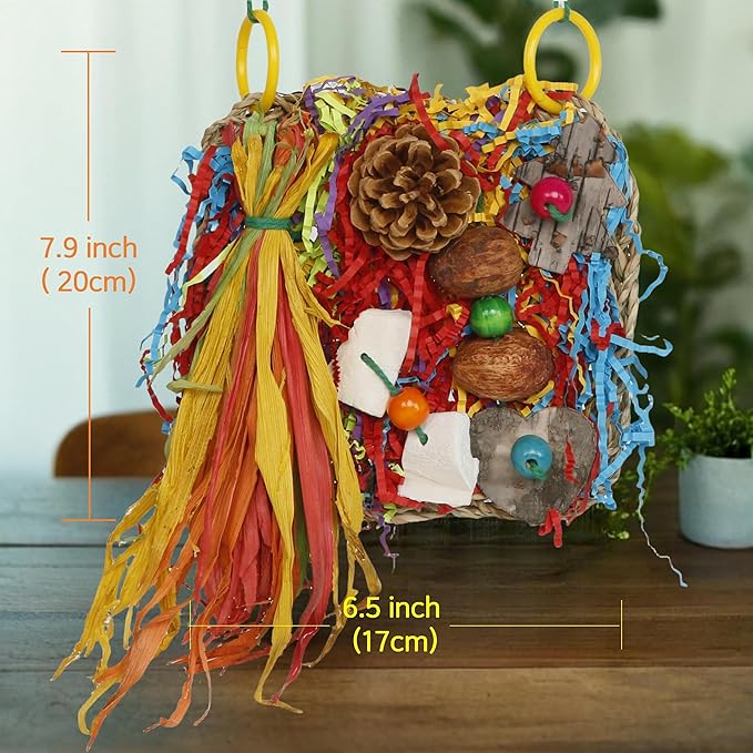 Bird Toys, Parakeet Toys, Bird Grass Mat Conure Shredder Hanging Cockatiel Foraging Toys Parrot Climbing Wall Lovebird Cage Accessories for Small Birds (Small)