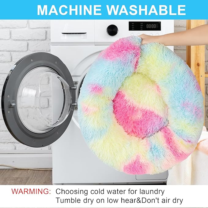 Dog Calming Beds for Small Medium Large Dogs - Round Donut Washable Puppy Dog Bed, Anti-Slip Faux Fur Fluffy Donut Cuddle Anxiety Cat Pet Bed(32'' Color)