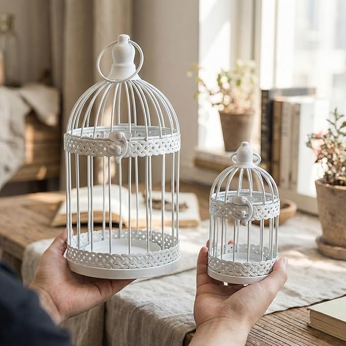 Vela Lanterns Bird Cage Decor Candle Holder Lantern Decorative Wedding Table Centerpiece Decorations, 10" and 6" Tall, White, Set of 2