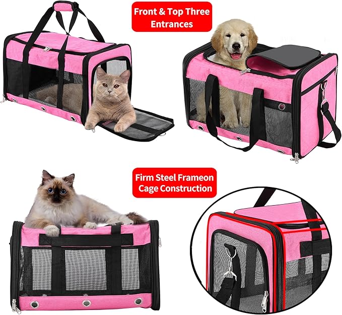 Soft Sided Cat/Dog Carrier,Collapsible Pets Travel Carriers for Pet/Puppy with Shoulder Strap & Removable Mat,Mesh Top Load Small Dogs/Cats Carry Bag Up to 17 Lbs TSA Airline Approved（Pink,M）