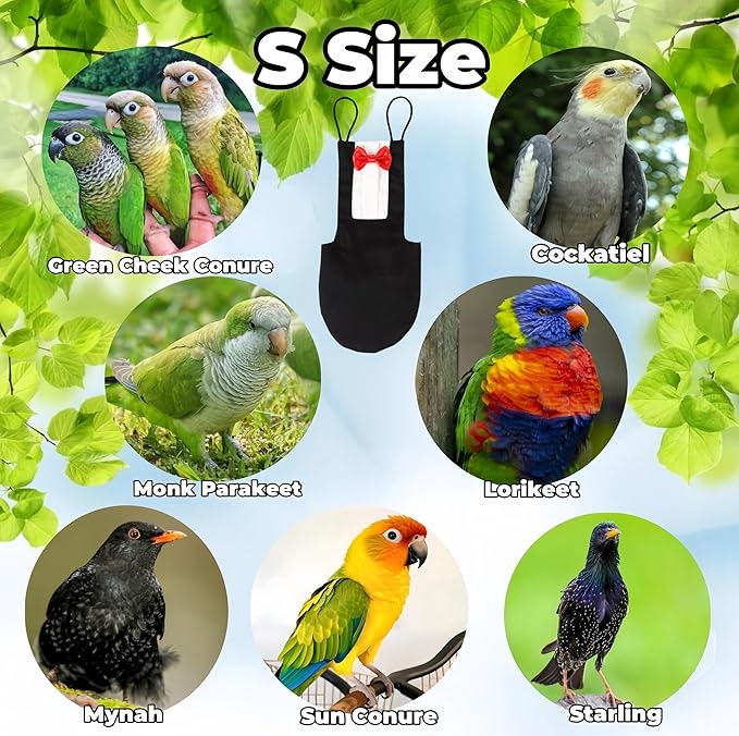 Bird Diapers Bird Harness Tuxedo Flight Suits with 80in Flying Leash Parrot Nappy with Waterproof Inner Layer Urine Wet Suite for Cockatiel Conure Parakeet Macaw Budgie-Black,S