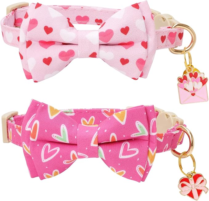 Faygarsle 2 Pack Breakaway Cat Collar with Bow and Bell, Heart Pattern, Pink, Adjustable Safety Buckle, Valentine's Day Theme