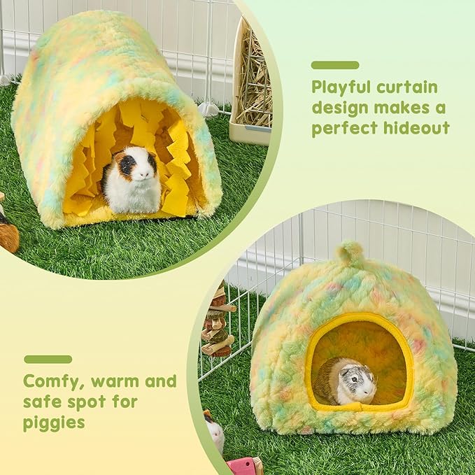 Avont 2 Pack Guinea Pig Hideout Bed and Tunnel Toys Set with Curtain, Washable Soft Plush Bunny Hideaway House Tube Cage Accessories for Small Animal Pet, Rabbits Chinchilla Hamster Ferret Rat -Yellow