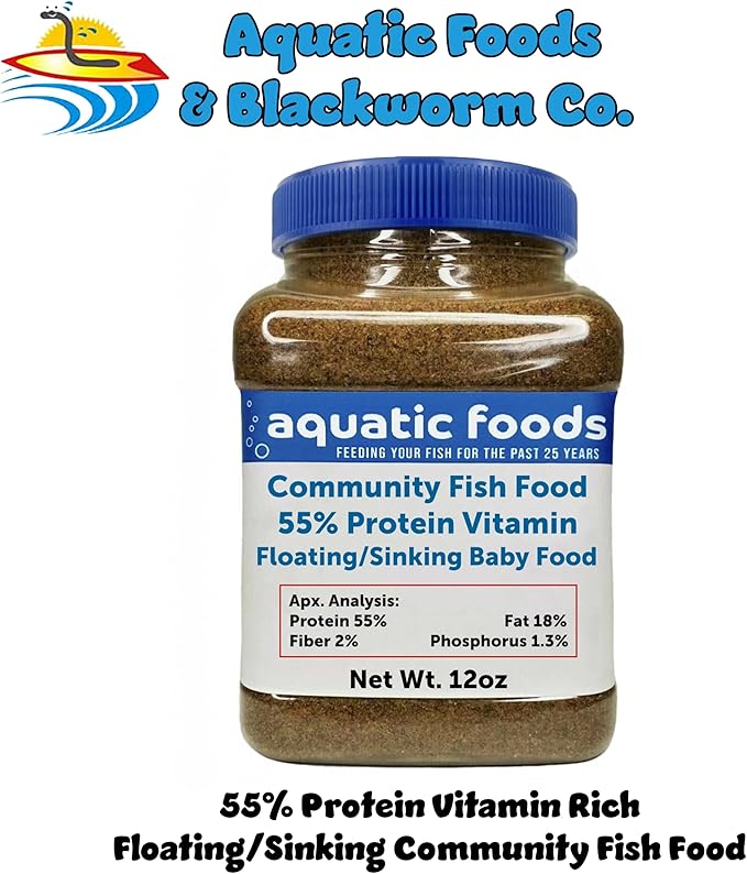 Aquatic Foods Inc. Community Tropical Fish Food, 55% Protein Vitamin Rich Floating/Slow Sinking Granulars for Tetras, Guppies, Cichlids, Live Bearers, Pond Fish All Tropical Fish - 12oz Small Jar