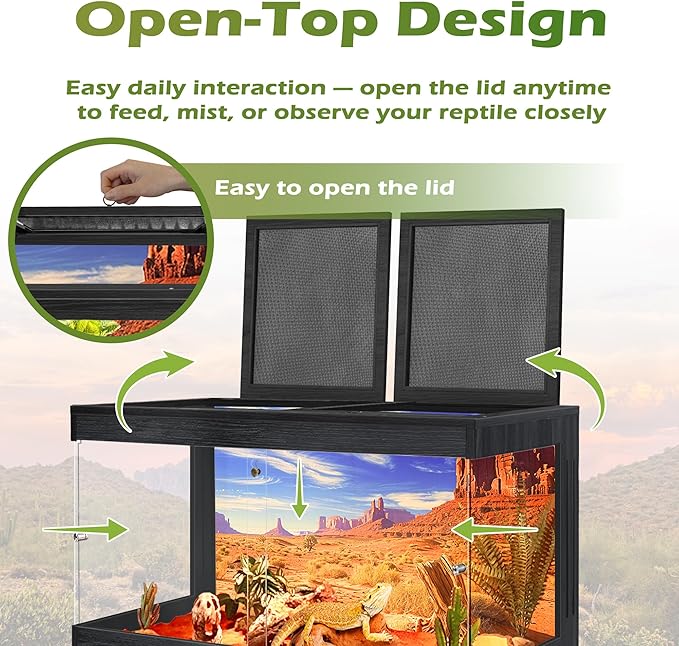 Royxen Bearded Dragon Tank, Tempered Glass Reptile Terrarium with Metal Mesh Top, 3-Side Clear Anti-Scratch Glass Lizard Tank for Reptile Habitat (Black, 24 Gallons,24" Length)