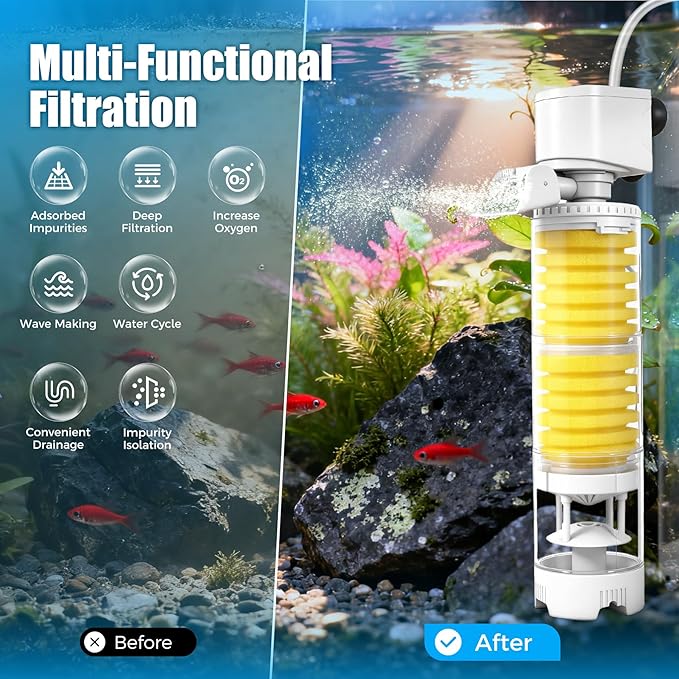 Fish Tank Filters, 4-in-1 Aquarium Filter for Multi-Layer Filtration, Adjustable Oxygenation & Wavemaker, Ultra-Quiet Water Circulation for 40-70 Gallon Aquariums, 225GPH