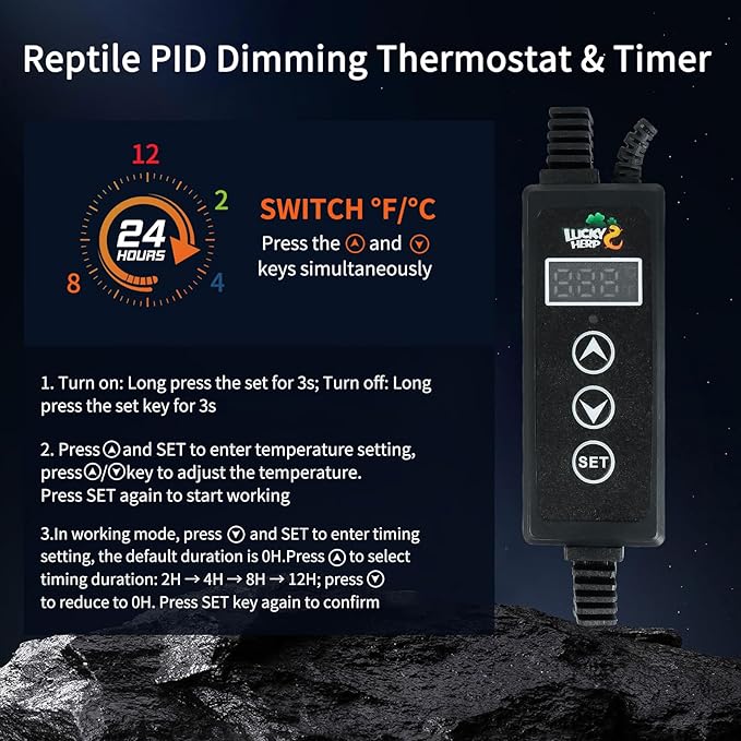 LUCKY HERP Reptile Light Fixture with Dimming Thermostat & Timer, Aluminum 5.5inch Deep Dome Reptile Lamp Fixture, Heat Lamp Fixture for UVB Bulb Basking Heat Bulb, Max 100W