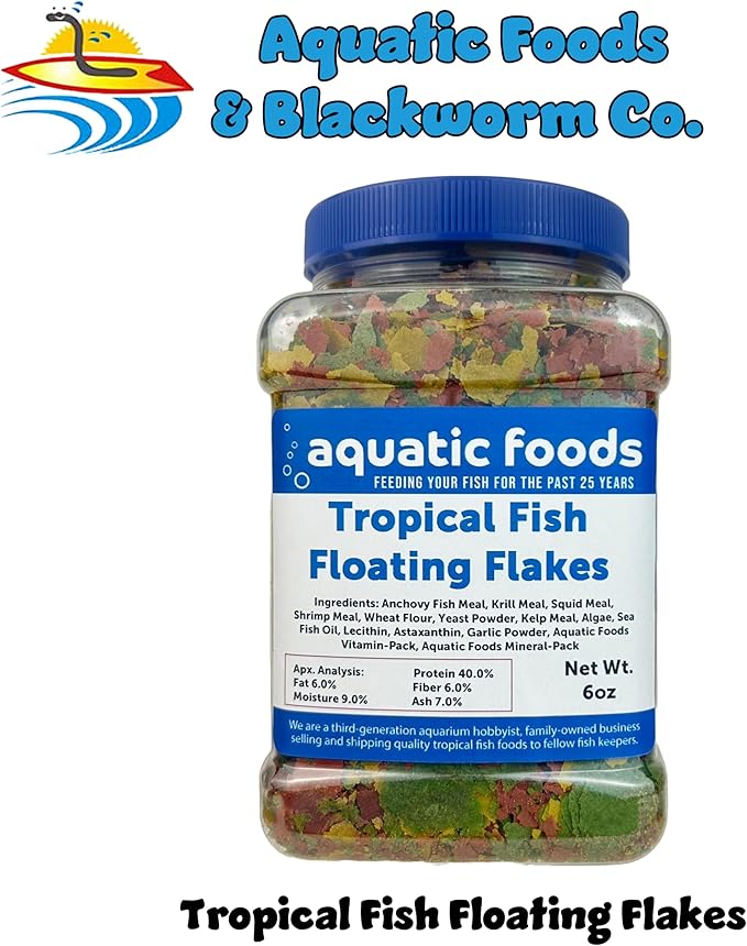 Aquatic Foods Inc. Premium Tropical Fish Flakes, Mix of Krill, Color Enhancing, Spirulina Flakes for Cichlids, Angels, Goldfish, All Tropical Fish Also Pellet Mix, Wafer Mix Included…6oz Jar