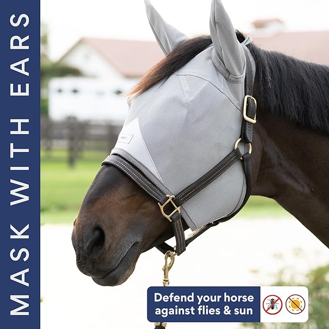 Horse Fly Mask with Ears - Built-in Visor - Breathable, Lightweight Mask - 95% UV Eye Protection - Adjustable Fit for Comfort Horse Medium/Large Size
