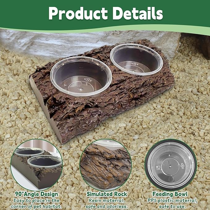 PINVNBY Double Gecko Feeder Bowl Resin Rock Reptile Water Dish with Feeding Cups Gecko Reptile Terrarium Tank Accessories for Bearded Dragons Leopard Lizard Snake Chameleon