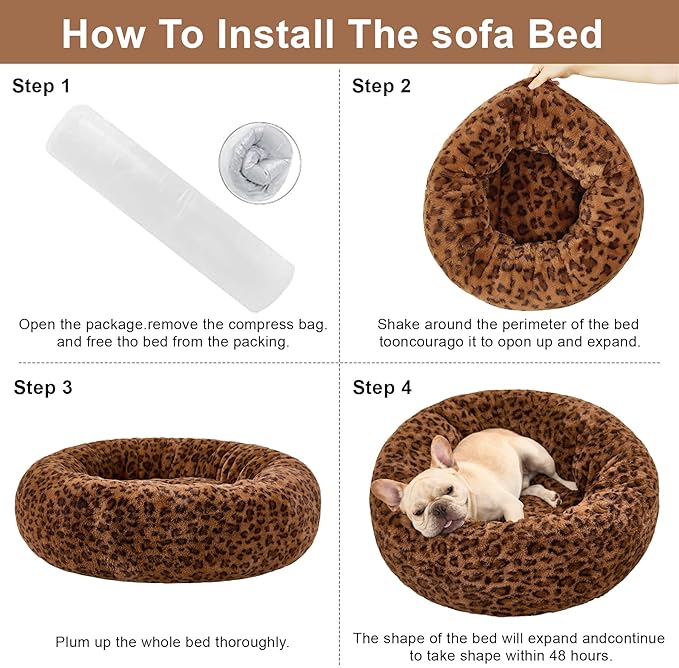 Dog Calming Beds for Small Medium Large Dogs - Round Donut Washable Puppy Dog Bed, Anti-Slip Faux Fur Fluffy Donut Cuddle Anxiety Cat Pet Bed (32" Leopard Print)